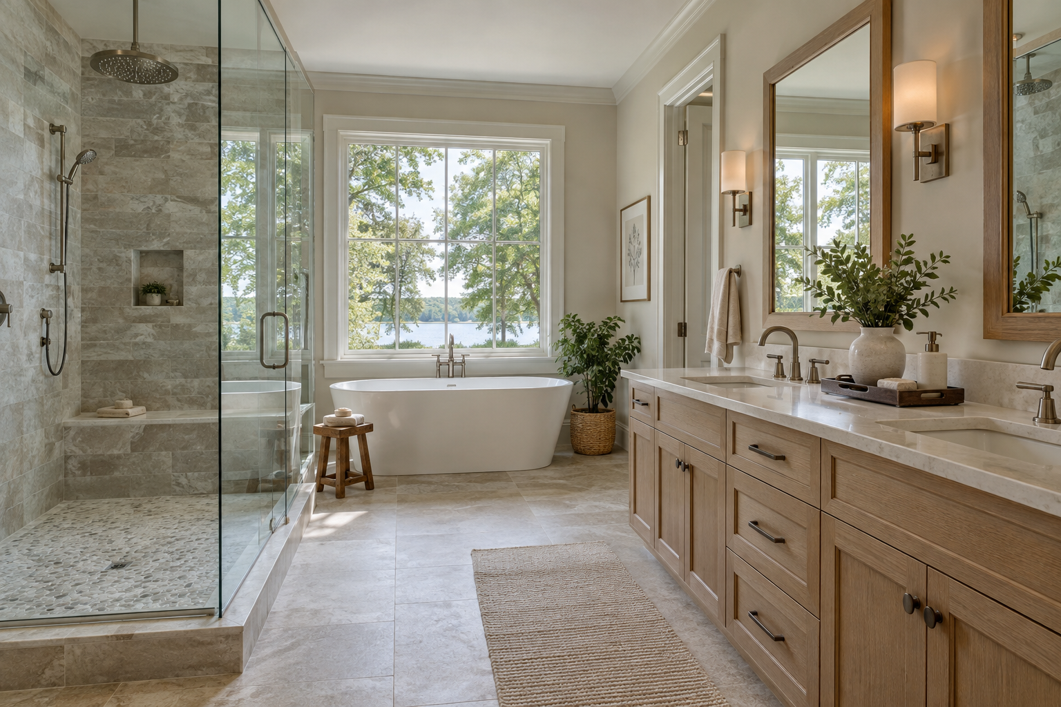 Representative image of a finished waterfront bathroom remodel with a glass shower, soaking tub, and custom vanity